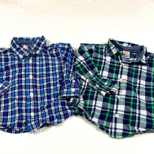 Two Gymboree boys green & blue plaid long sleeve button down shirts size 18-24 m